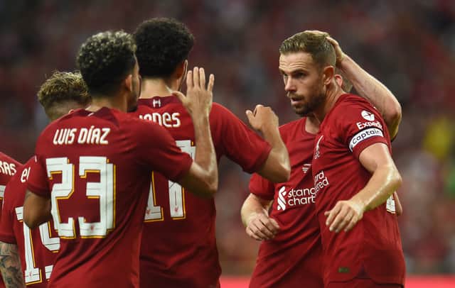 Liverpool celebrate scoring against Crystal Palace in their pre-season friendly win last week. Picture: Andrew Powell/Liverpool FC via Getty Images