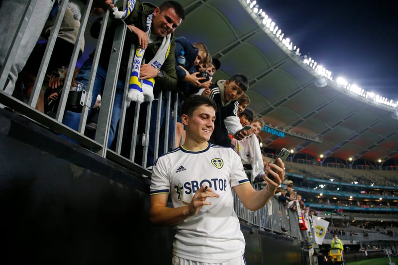 Daniel James of Leeds United takes  selfies for the fans after the Pre-Season friendly match between Leeds United and Crystal Palace (Photo by James Worsfold/Getty Images)