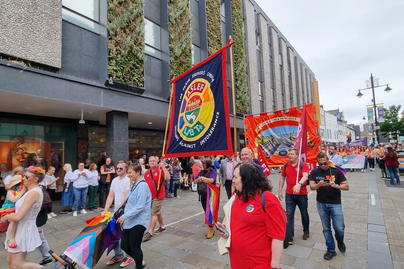 Railway workers march for Pride.