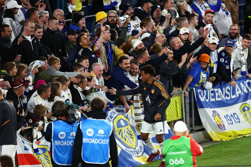 Tyler Adams of Leeds United with fans after the 2022 Queensland Champions Cup match between Brisbane Roar and Leeds United  (Photo by Chris Hyde/Getty Images)
