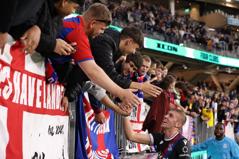 Killian Phillips of Crystal Palace acknowledges supporters following the pre-season friendly match between Leeds United and Crystal Palace at Optus Stadium.