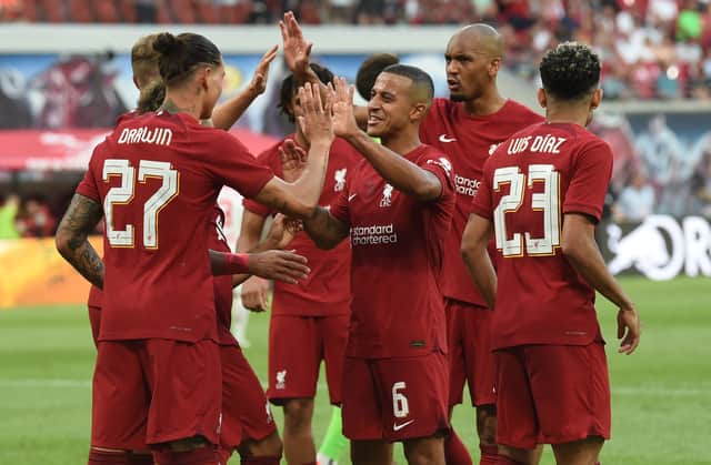 Liverpool celebrate after Darwin Nunez scores in the 5-0 win over RB Leipzig. Picture: John Powell/Liverpool FC via Getty Images