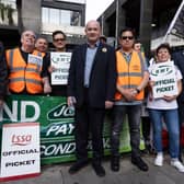 A picket line is joined by Mick Lynch, Secretary-General of the National Union of Rail, Maritime and Transport Workers (Photo by Dan Kitwood/Getty Images)