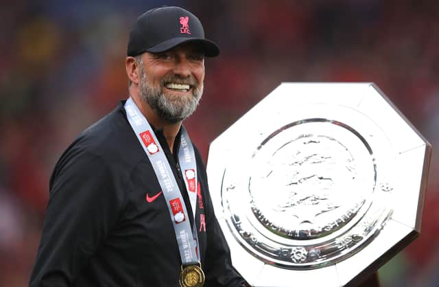 Liverpool boss Jurgen Klopp celebrates the Community Shield triumph. Picture: Marc Atkins/Getty Images