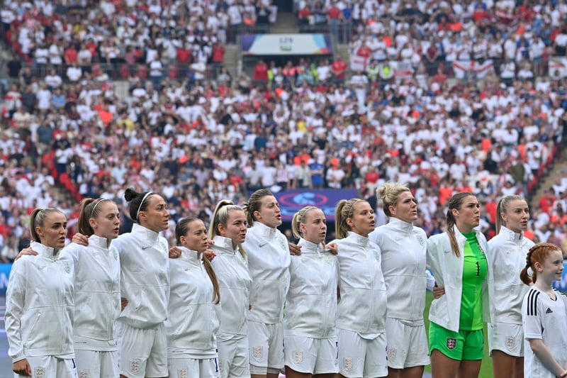 England Women during the national anthem before the Euro 2022 final vs Germany.
