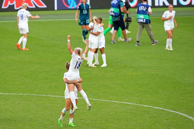 England’s players celebrate on the final whistle.