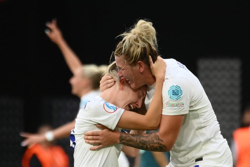 England’s team players celebrate after winning at the end of the UEFA Women’s Euro 2022 final football match between England and Germany.