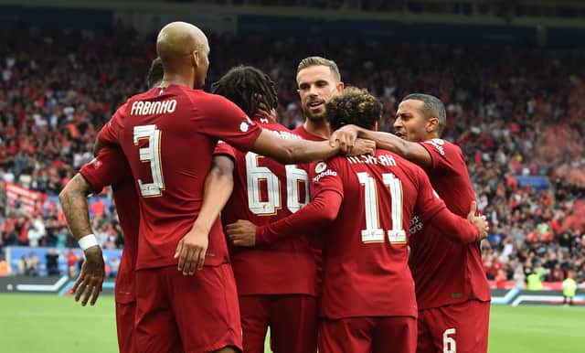 Liverpool celebrate scoring against Man City in the Community Shield. Picture: Andrew Powell/Liverpool FC via Getty Images
