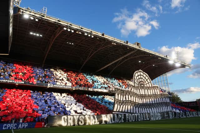Crystal Palace fans create a tifo of the Crystal Palace Exhibition building. Credit: Photo by Julian Finney/Getty Images