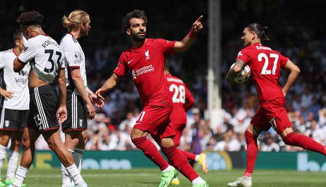 Mo Salah celebrates scoring for Liverpool against Fulham. Picture: Julian Finney/Getty Images