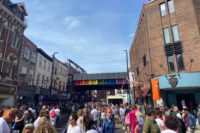 The First Direct main stage at Leeds Pride 2022, on Lower Briggate as crowds gather.