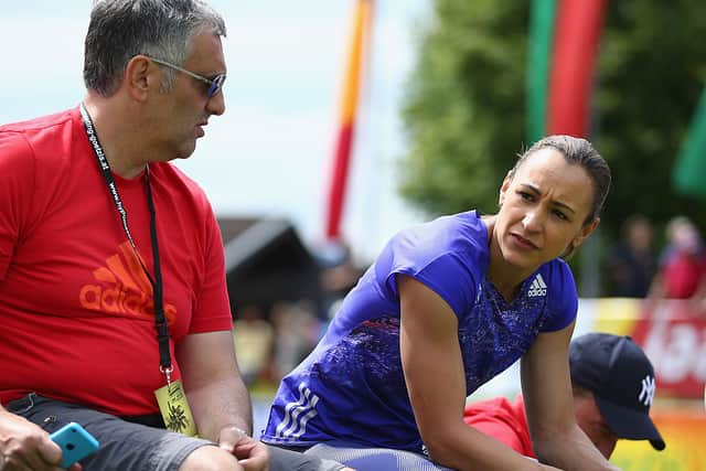 Jessica Ennis hill of Great Britain speaks to her coach Toni Minichiello during the women’s heptathlon during the Hypomeeting Gotzis 2015 (GETTY)