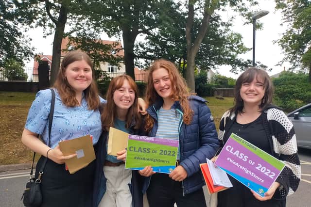 Emily Sutcliff, Rosie Biscott, Abbie Leach and Ruby Mirza celebrate their A-Level results at High Storrs School in Sheffield