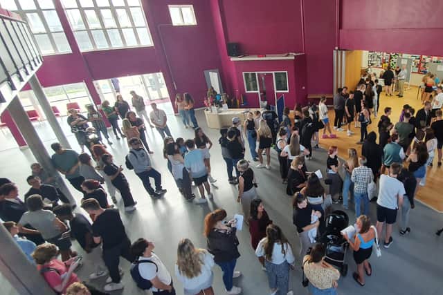 Students pack the halls of Portsmouth College ahead of receiving their results.