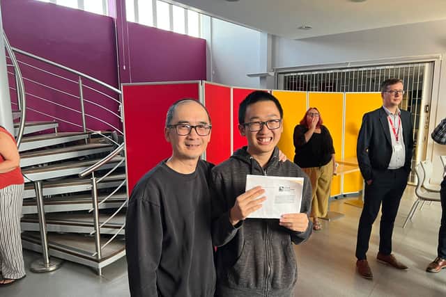 Jamie Ngo, 17, pictured alongside his dad Dzung, 53. Jamie got three A*s, and will be studying at the University of Oxford.