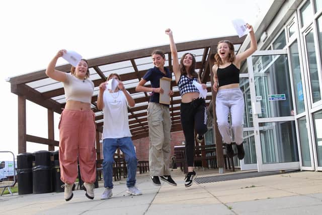 Students at City of Portsmouth College celebrating their results. Pictured is Marianne Gajdosova, Elia Palazzo, Bethan Reason, and Katie Bridger. Picture: Habibur Rahman.