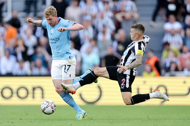 De Bruyne was furious with this challenge from Trippier. Credit: Getty.