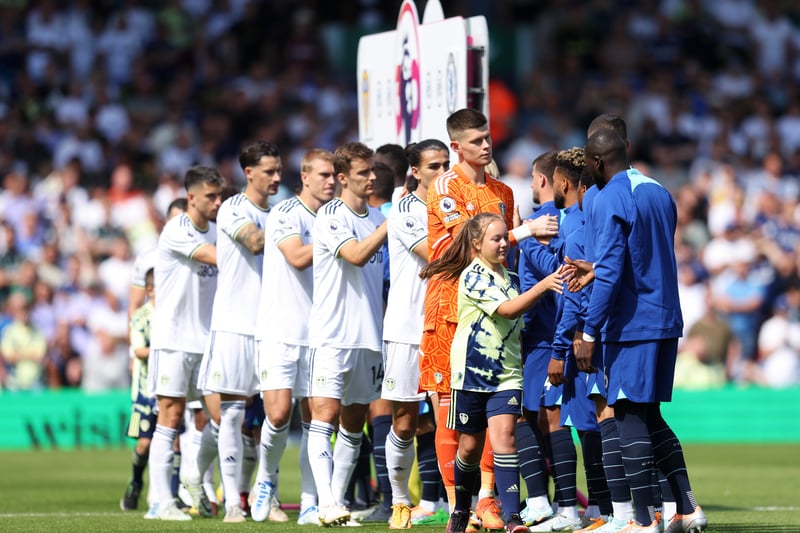 Leeds United shake hands with Chelsea ahead of kick-off.