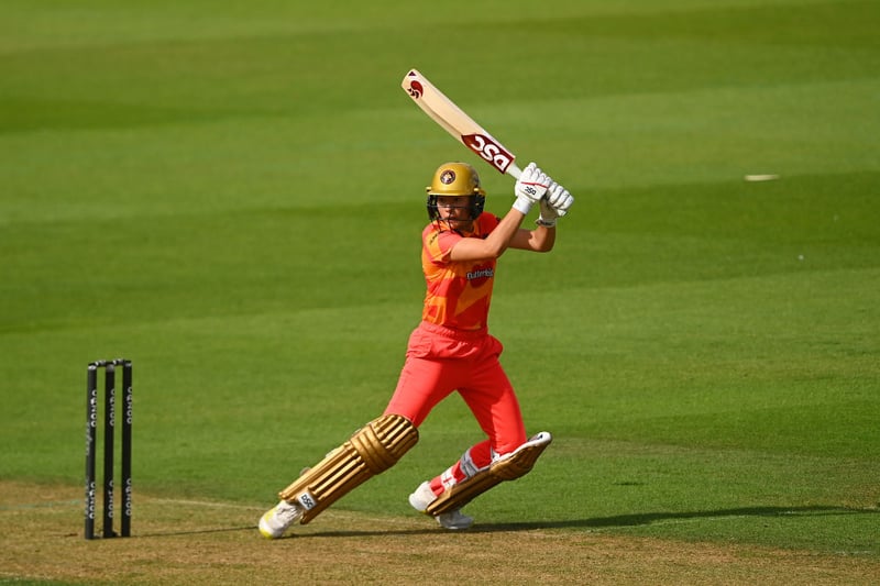  Issy Wong of Birmingham Phoenix hits runs  during the Hundred match between Oval Invincibles and Birmingham Phoenix Women at The Kia Oval on August 23, 2022 in London, England. (Photo by Alex Davidson/Getty Images)