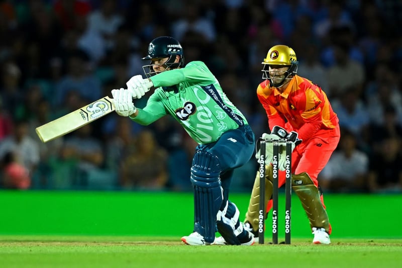  Jason Roy of Oval invincibles hits out watched on by Matthew Wade of Birmingham Phoenix  during the Hundred Match between Oval Invincibles Men and Birmingham Phoenix at The Kia Oval on August 23, 2022 in London, England. (Photo by Alex Davidson/Getty Images)