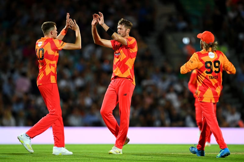 Tom Helm of Birmingham Phoenix celebrates taking the wicket of Sam Curran of Oval Invincibles  with teammates during the Hundred Match between Oval Invincibles Men and Birmingham Phoenix at The Kia Oval on August 23, 2022 in London, England. (Photo by Alex Davidson/Getty Images)