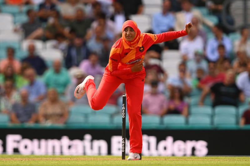 Abtaha Maqsoof of Birmingham bowls during the Hundred match between Oval Invincibles and Birmingham Phoenix Women at The Kia Oval on August 23, 2022 in London, England. (Photo by Alex Davidson/Getty Images)