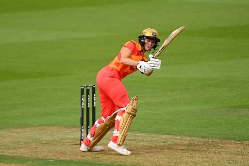 Eve Jones of Birmingham Phoenix hits runs during the Hundred match between Oval Invincibles and Birmingham Phoenix Women at The Kia Oval on August 23, 2022 in London, England. (Photo by Alex Davidson/Getty Images)