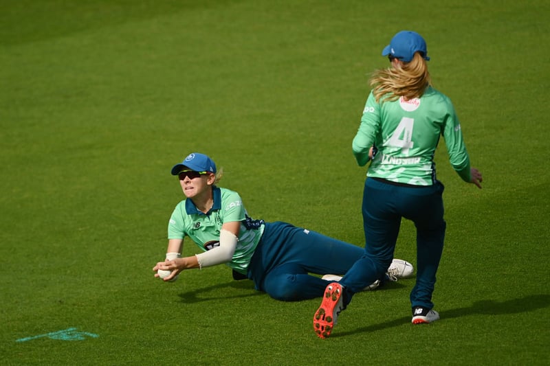 Sophia Smale of Oval Invincibles takes the catch to dismiss Georgia Elwiss during the Hundred match between Oval Invincibles and Birmingham Phoenix Women at The Kia Oval on August 23, 2022 in London, England. (Photo by Alex Davidson/Getty Images)