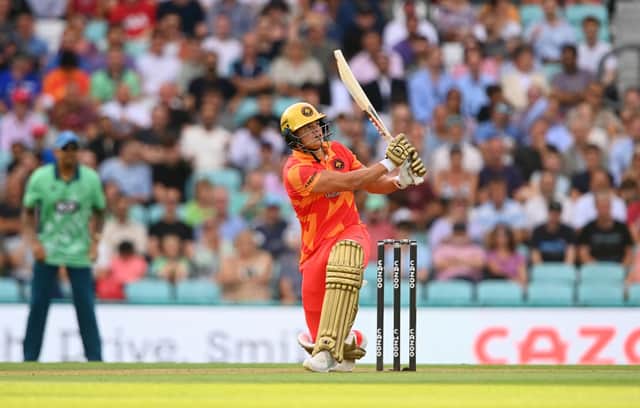 Will Smeed of Birmingham Phoenix hits runs  during the Hundred Match between Oval Invincibles Men and Birmingham Phoenix at The Kia Oval on August 23, 2022 in London, England. (Photo by Alex Davidson/Getty Images)