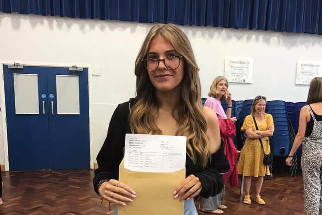 Evie Prior, 16, at Crookhorn College celebrating her GCSE results. Picture: Sophie Lewis.