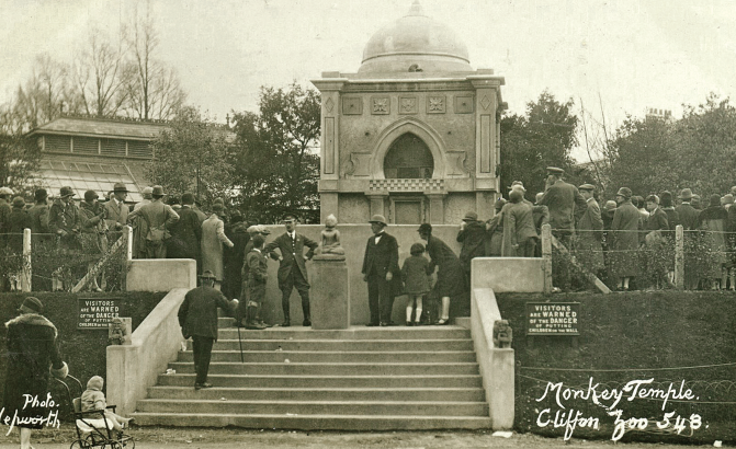 Visitors peruse the Monkey Temple, still standing to this day, in the 1920s.