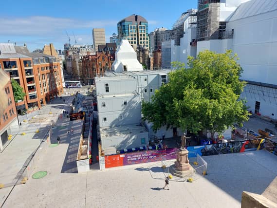 A bird’s eye view of Albert Square and Town Hall renovation project in Manchester city centre. The green circle in the bottom left corner indicates where one of several trees will be planted at a later stage in the project. Credit: Sofia Fedeczko/Manchester World