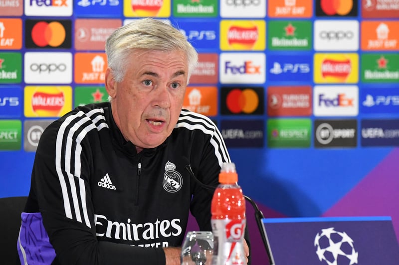 Real Madrid’s Italian coach Carlo Ancelotti reacts as he speaks during a press conference at Celtic Park