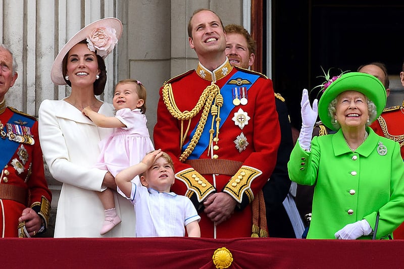 Prince Charles, Prince of Wales, Catherine, Duchess of Cambridge, Princess Charlotte, Prince George, Prince William, Duke of Cambridge, Prince Harry, Queen Elizabeth II and Prince Philip, Duke of Edinburgh stand on the balcony during the Trooping the Colour, marking the Queen’s 90th birthday at The Mall on June 11, 2016 in Londo