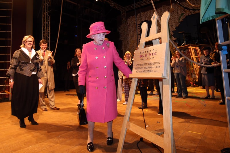 NOVEMBER 22:  Queen Elizabeth II unveils a plaque to commemorate her visit and the completion of the work at the refurbished Bristol Old Vic Theatre on a visit to Bristol as part of her Jubilee Tour.