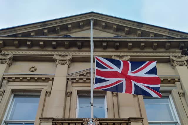 Flag lowered to half-mast at Batley Town Hall. Picture courtesy of Robert Thorpe. 
