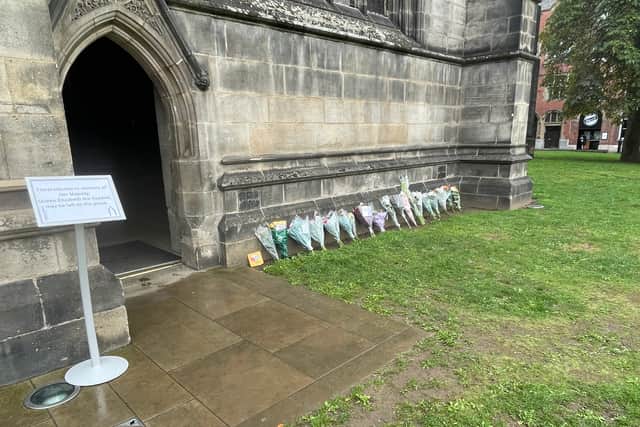 Flowers placed outside Sheffield Cathedral in memory of Queen Elizabeth II