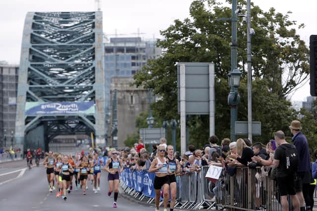 Elite women athletes pass over the Tyne Bridge during the Great North Run on Sunday. Picture: PA.