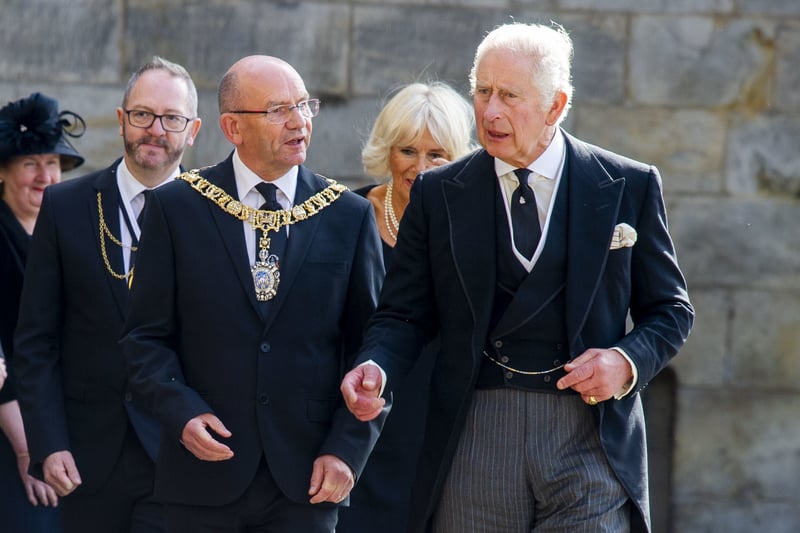 King Charles III and the Queen Consort with Lord Provost of Edinburgh Robert Aldridge (third left) at the Ceremony of the Keys at the Palace of Holyroodhouse.
