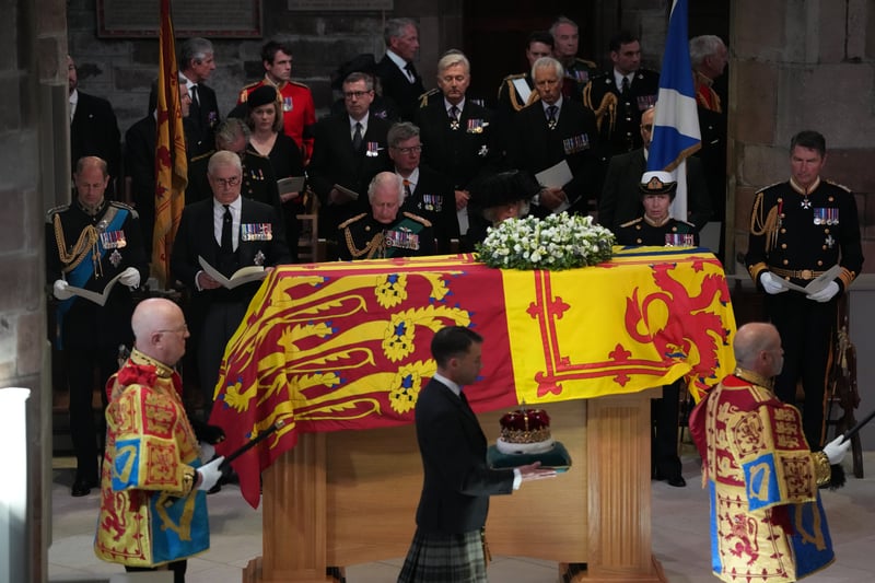 The Earl of Wessex, the Duke of York, King Charles III, the Queen Consort, the Princess Royal and Vice Admiral Sir Tim Laurence attend a Service of Prayer and Reflection for the Life of Queen Elizabeth II at St Giles’ Cathedral, Edinburgh