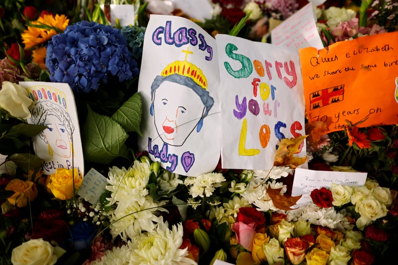 The Queen is drawn in a golden crown atop her grey hair, with the message ‘classy lady’ and ‘sorry for your loss’.