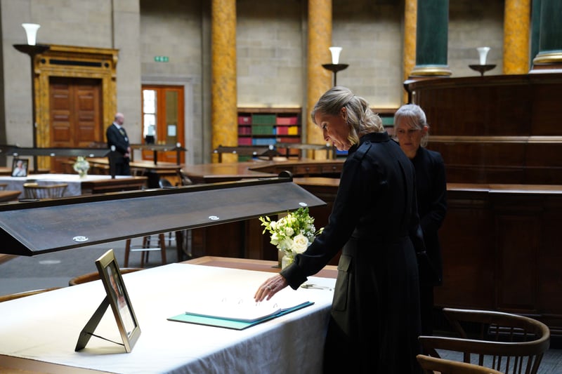 The Countess of Wessex views the civic Book of Condolence at Manchester’s Central Library Credit: PA