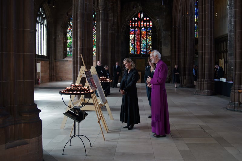 The Countess of Wessex views tributes as she visits Manchester Cathedral Credit: PA