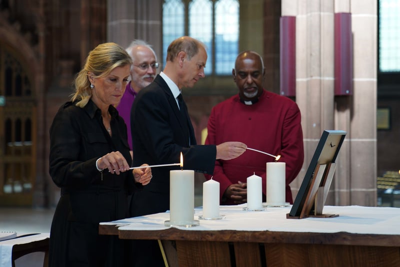 The Earl and Countess of Wessex visit Manchester Cathedral to light a candle in memory of Queen Elizabeth II today Credit: PA