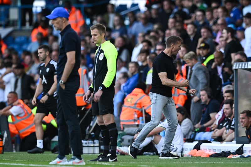 Marsch celebrates during Leeds’ 3-0 win over Chelsea alongside a glum looking Thomas Tuchel. 