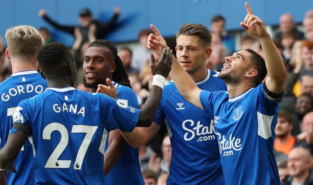LIVERPOOL, ENGLAND - SEPTEMBER 18: Neal Maupay of Everton celebrates after scoring their side’s first goal during the Premier League match between Everton FC and West Ham United at Goodison Park on September 18, 2022 in Liverpool, England. (Photo by Alex Livesey/Getty Images)