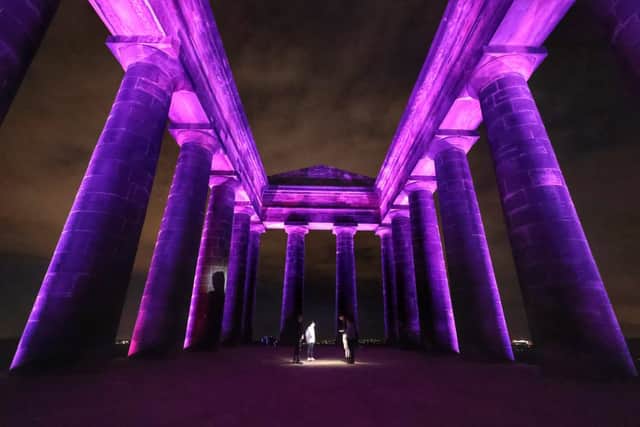 Penshaw Monument lit in purple on the eve of the Queen’s funeral. Picture: North News & Pictures.