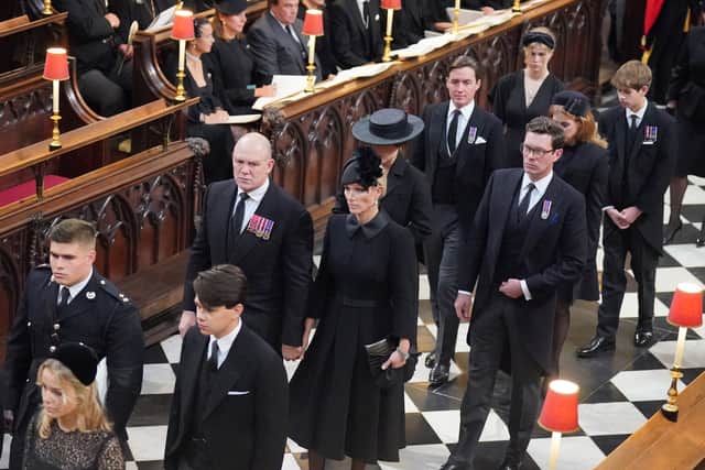Members of the royal family (left to right, from front) Arthur Chatto and Daniel Chatto, Mike Tindall and Zara Tindall, Princess Eugenie and Jack Brooksbank , Princess Beatrice and Edoardo Mapelli Mozzi, Lady Louise Windsor and James, Viscount Severn arriving at Westminster Abbey. Picture: PA.