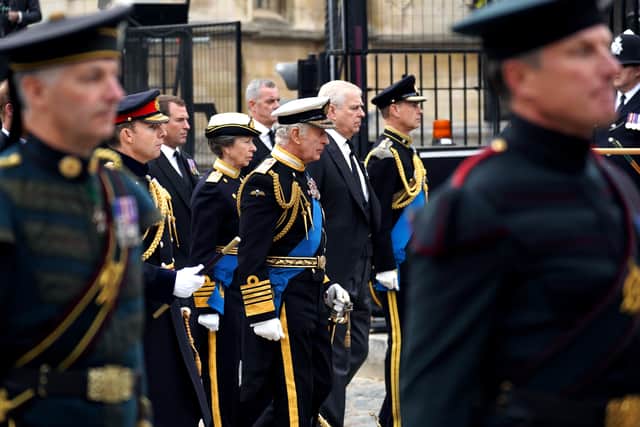 King Charles III, the Princess Royal, the Duke of York and the Earl of Wessex as the coffin of Queen Elizabeth II leaves Westminster Hall for the State Funeral at Westminster Abbey, London. Picture date: Monday September 19, 202