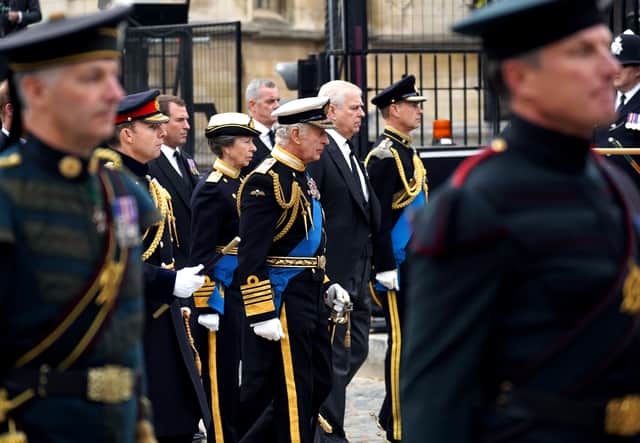 King Charles III, the Princess Royal, the Duke of York and the Earl of Wessex as the coffin of Queen Elizabeth II leaves Westminster Hall for the State Funeral at Westminster Abbey, London. Picture date: Monday September 19, 202